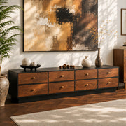 86.6'' Modern Walnut Low Profile TV Stand with Drawers Mid Century Media Console